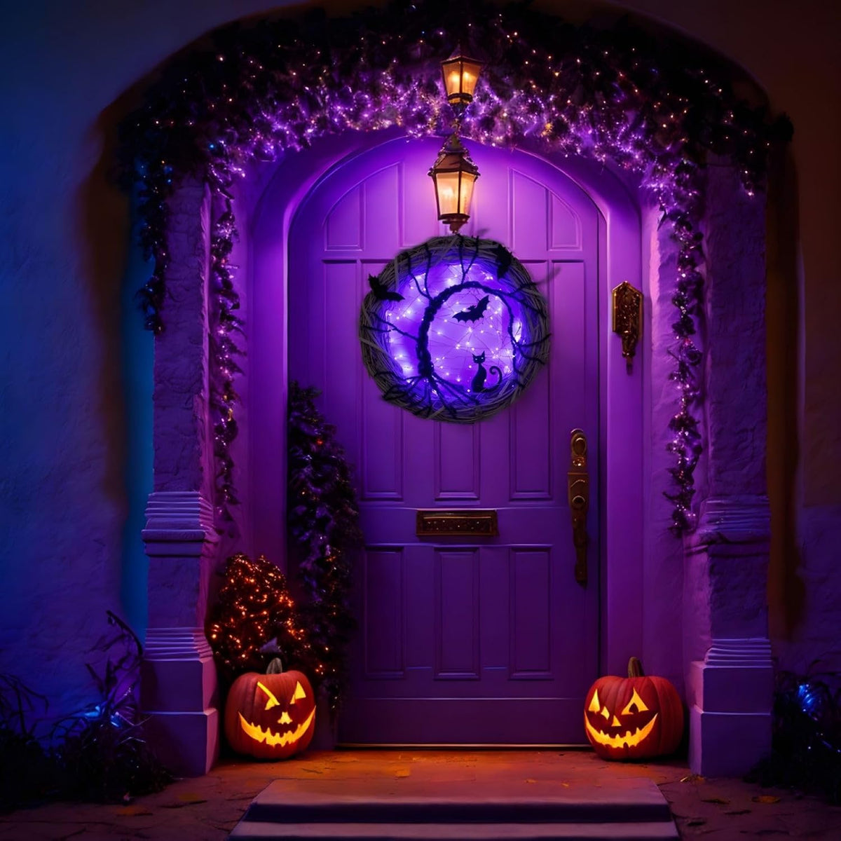Halloween Wreaths for Front Door, 15 Inch Halloween Lighted Wreath with Bat and Cat Decor, 45 LED Purple Lights Battery Operated, Front Door Porch Wreath Decorations for Holiday Party (Purple)