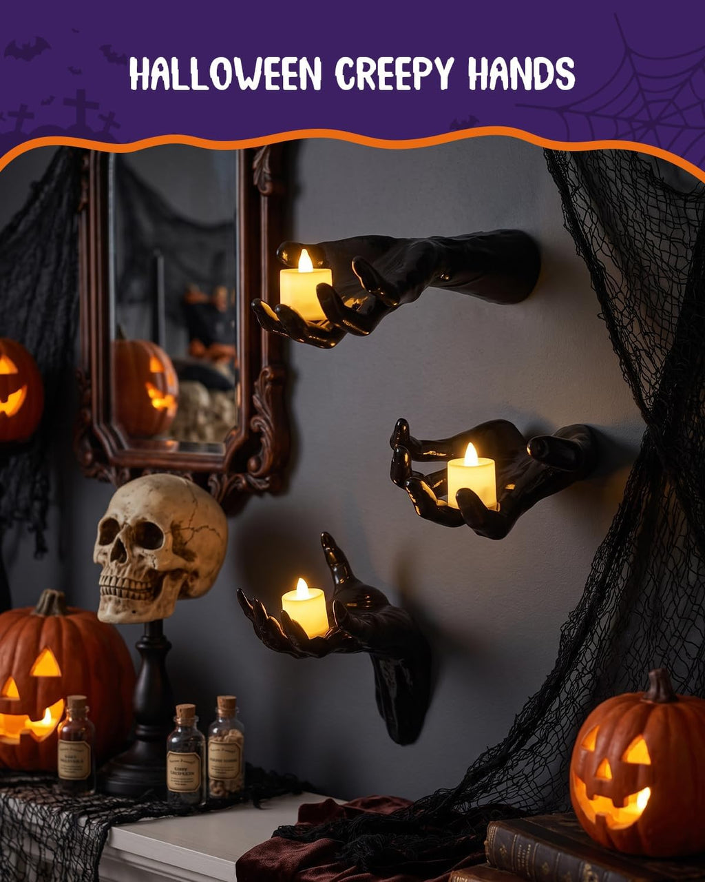 F-TECK Halloween Decoration 3 Pack Black Ghost Hands Decor with LED Candles | Life-sized Gothic Design, Screws and Adhesive Install, 3 Flameless Candles, Year-round Using for Creepy Reaching DIY Decor