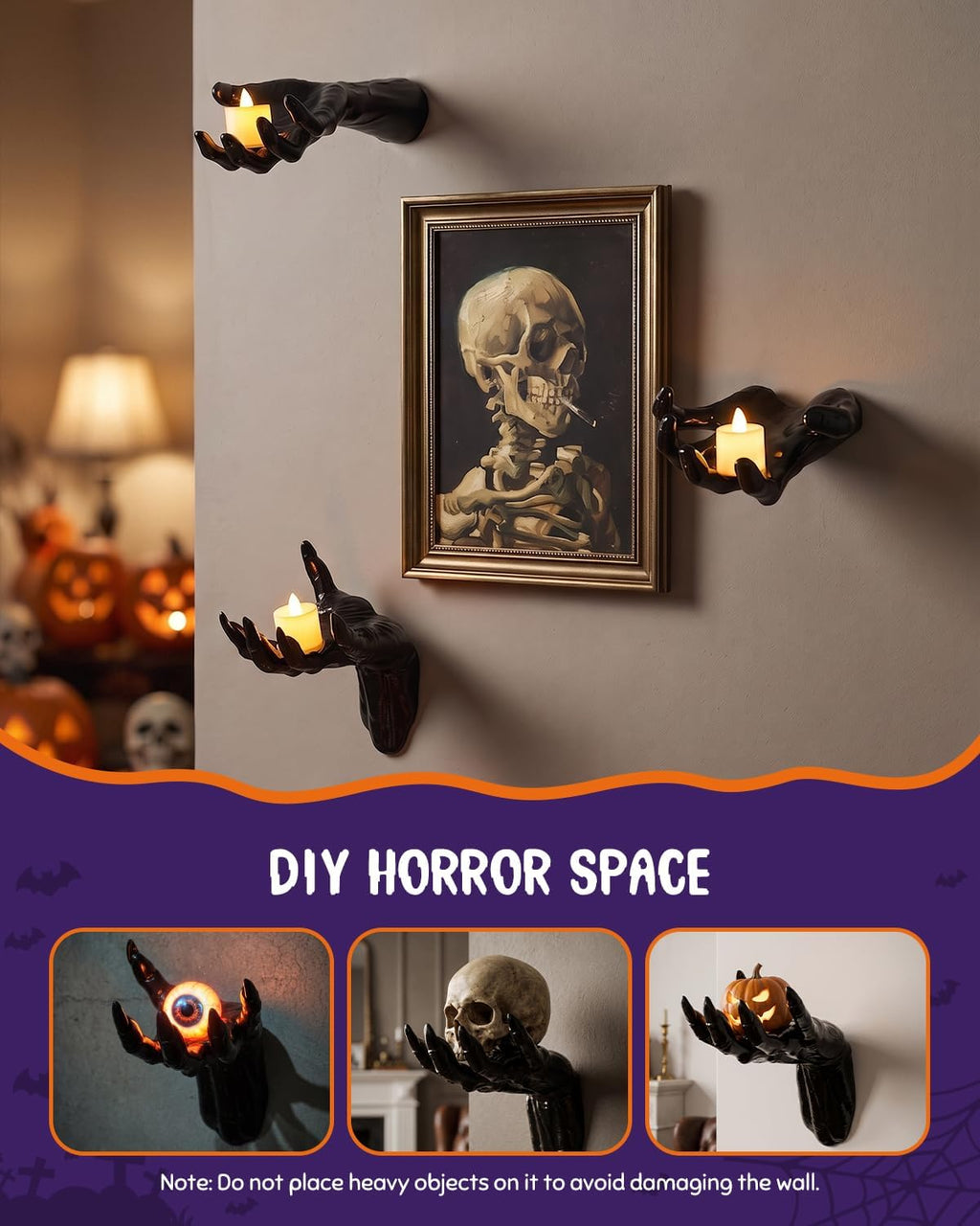 F-TECK Halloween Decoration 3 Pack Black Ghost Hands Decor with LED Candles | Life-sized Gothic Design, Screws and Adhesive Install, 3 Flameless Candles, Year-round Using for Creepy Reaching DIY Decor