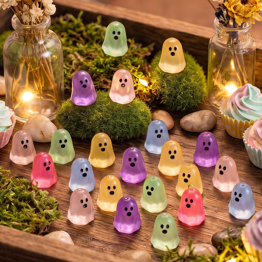 120 PCS Glow in Dark Mini Ghost Figurines, 0.59 Inch Resin Halloween Decor | Multicolor Luminous Resin Ghosts, Miniature Figures for Micro Landscape Dollhouse, Halloween Party Ornaments & Outdoor Decor