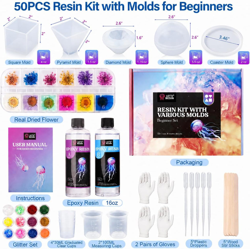LET'S RESIN 16oz Epoxy Resin Kits and Molds Complete Set for Beginners | Resin Art Kit With Silicone Molds, Pigment, Dried Flowers, for Adults, Art Supplies for DIY Lovers, DIY Gift for Women