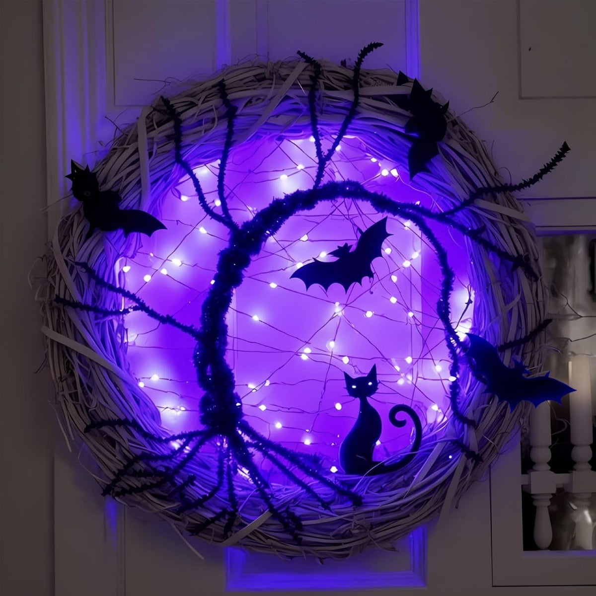 Halloween Wreaths for Front Door, 15 Inch Halloween Lighted Wreath with Bat and Cat Decor, 45 LED Purple Lights Battery Operated, Front Door Porch Wreath Decorations for Holiday Party (Purple)