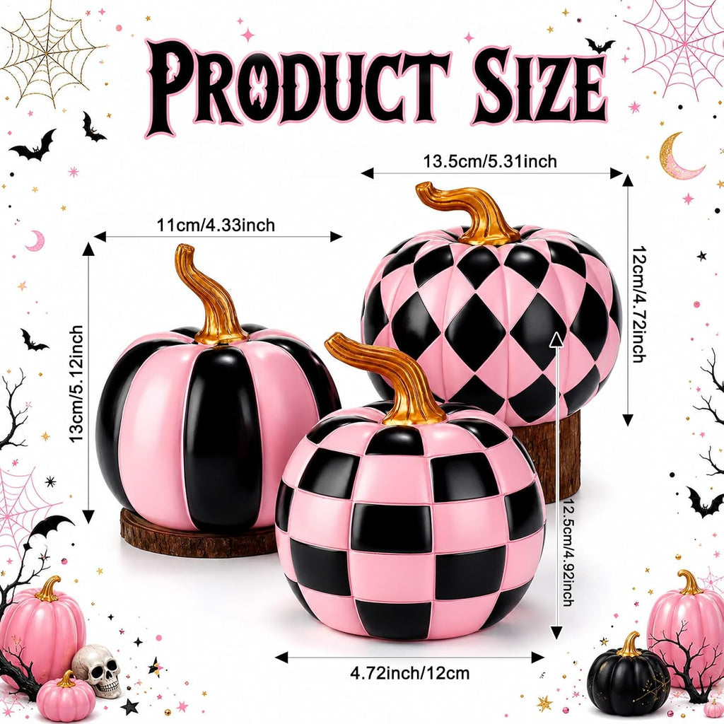 3 Pcs Halloween Resin Checkered Pumpkin, Pink and Black Pumpkin Table Decor | Pink Halloween, Pink Fall Decor, Thanksgiving Autumn Party Supplies, Dining Table Centerpiece Set, Ornaments for Tiered Tray