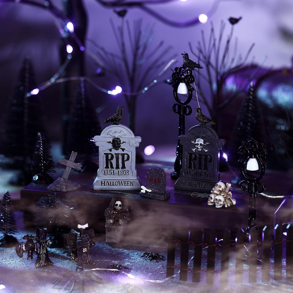 Zeyune 40 Pcs Halloween Village Accessories Set Mini Halloween Figurines | Trees with Lights, Tombstones, Bare Branches, Spiders, Crows, Resin Pieces for Village Scenes, Tabletop Horror Town Decor Set