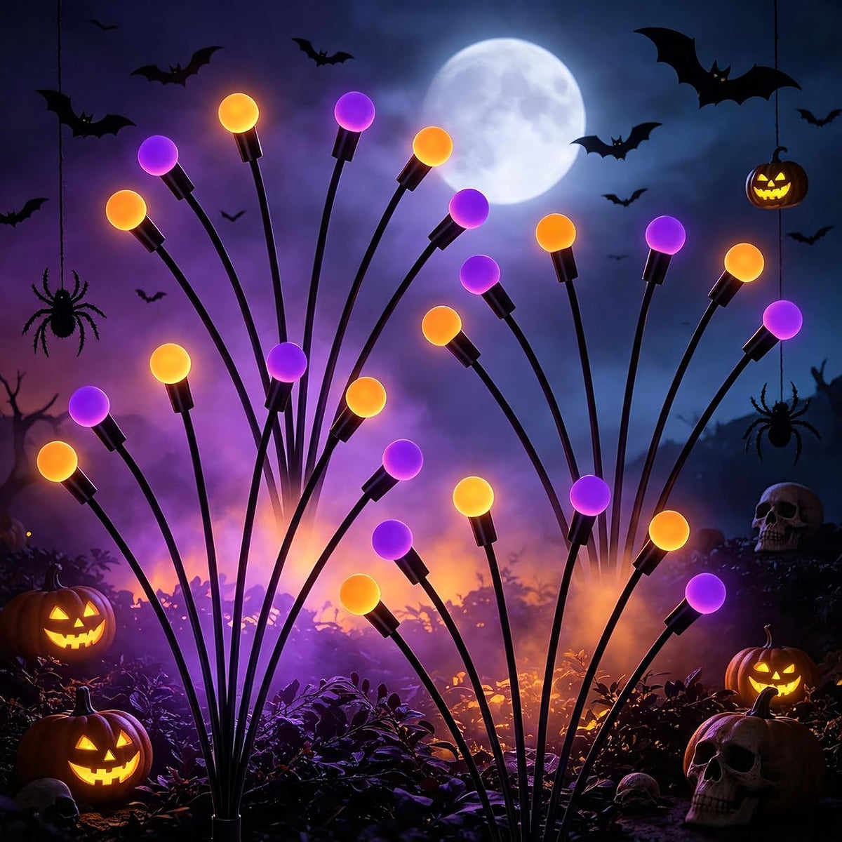 VOOKRY 4 Pack Halloween Decorations Outdoor, 24 LED Solar Firefly Lights Outdoor Waterproof Swaying Scary Solar Halloween Lights for Yard Garden Pathway Lawn Party Decor, Orange & Purple