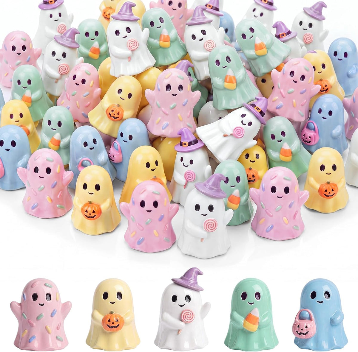 Qunclay 100 Pcs Halloween Ghosts Figurines Decor Pastel Tiny Resin Ghosts | Mini Miniature Decorations, Pastel Resin Ghost Table Decor, Halloween Home Party Favors, Table Centerpiece Decoration