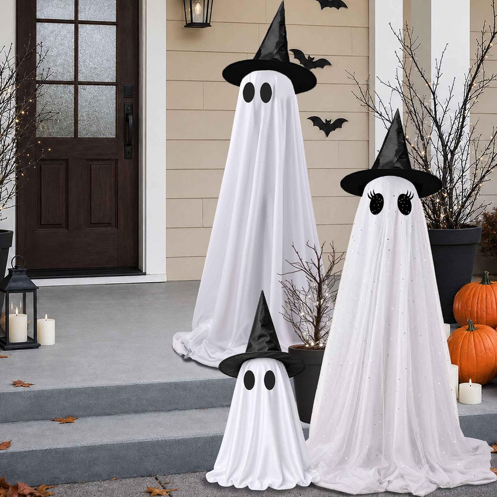Halloween Decorations Outdoor, 3 Pack Light Up Spooky Ghosts with Remote Control LED Lights, DIY Faces and Witch Hats, Halloween Ghost Family Decor for Yard Porch Lawn Garden Front Door