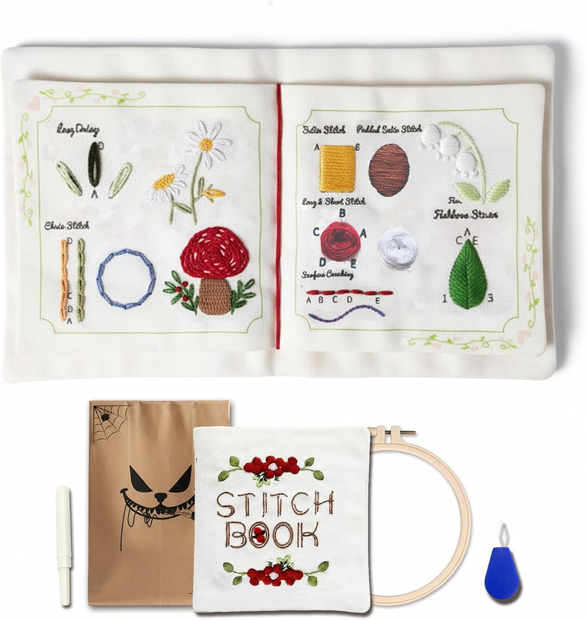 Embroidery Stitch Book Kit for Beginners, 32 Essential Stitches | Structured Learning Order for Adults, DIY Sewing Kit with Floral Motifs, Practice Patterns