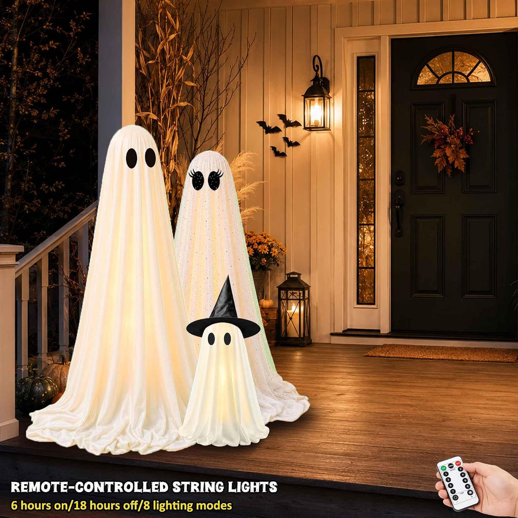 Halloween Decorations Outdoor, 3 Pack Light Up Spooky Ghosts with Remote Control LED Lights, DIY Faces and Witch Hats, Halloween Ghost Family Decor for Yard Porch Lawn Garden Front Door