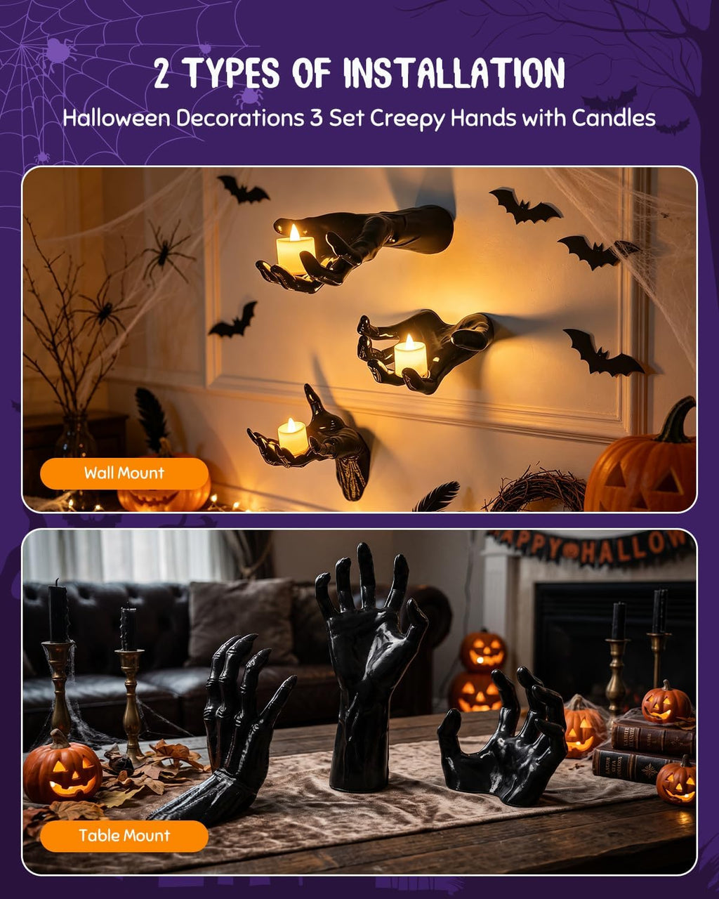 F-TECK Halloween Decoration 3 Pack Black Ghost Hands Decor with LED Candles | Life-sized Gothic Design, Screws and Adhesive Install, 3 Flameless Candles, Year-round Using for Creepy Reaching DIY Decor