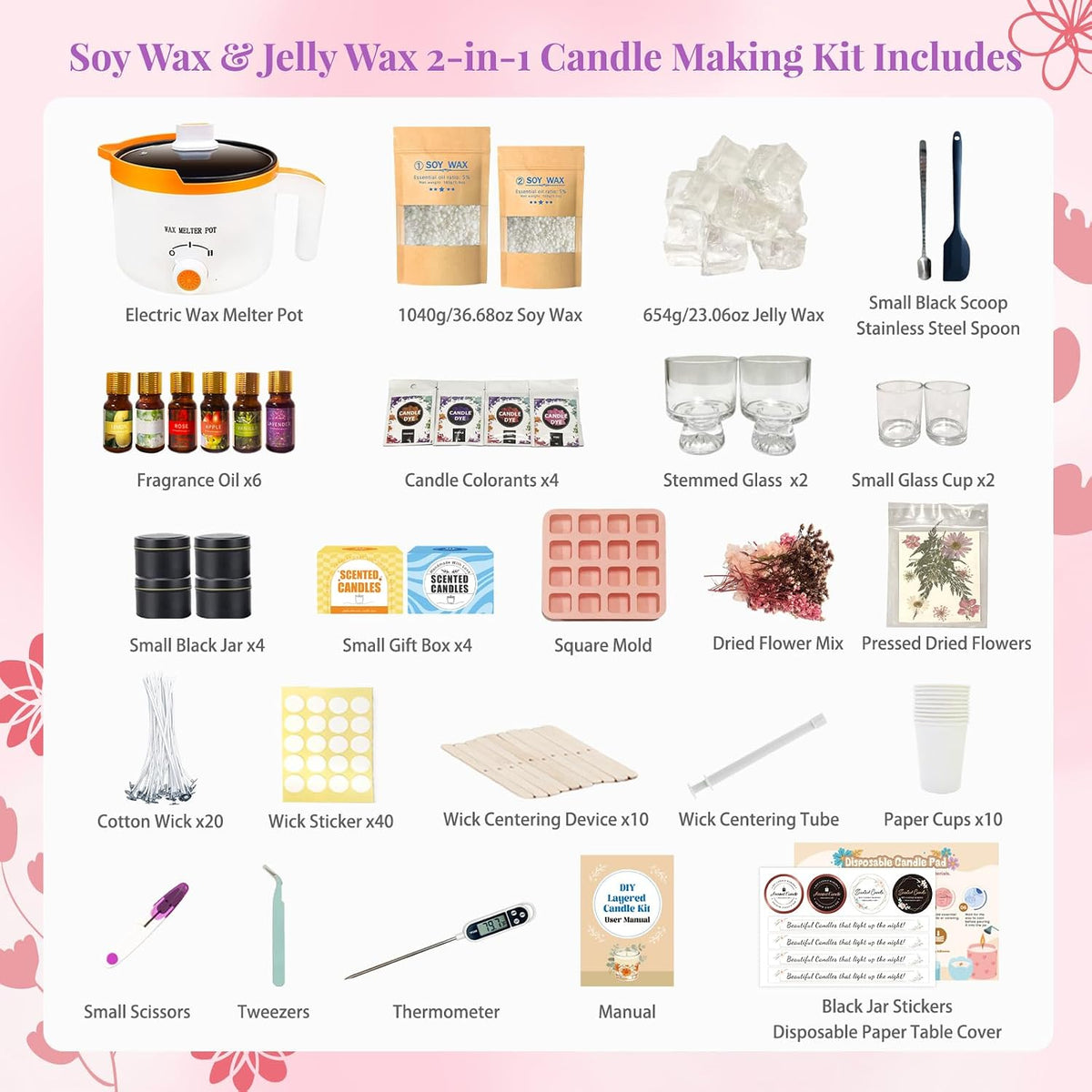 2-in-1 Soy & Jelly Wax DIY Candle Making Kit for Beginners & Adults | Complete Candle Making Kit, Dual-Setting Wax Melter, Custom Fragrances & Colors, Ideal for Home Hobby & Holiday Gifts