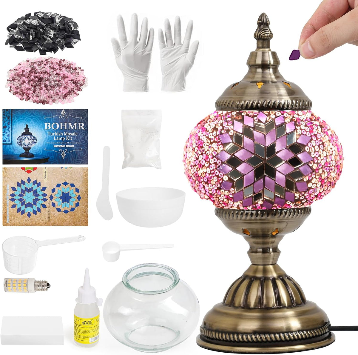 BOHMR DIY Turkish Mosaic Lamp Kit for Adults & Teens, 5.2 Shade, Pink | DIY Stained Glass Table Lamp Making Kit, Mosaic Art & Craft Project Kit, Beginner Friendly, Includes All Tools, Handmade Gift