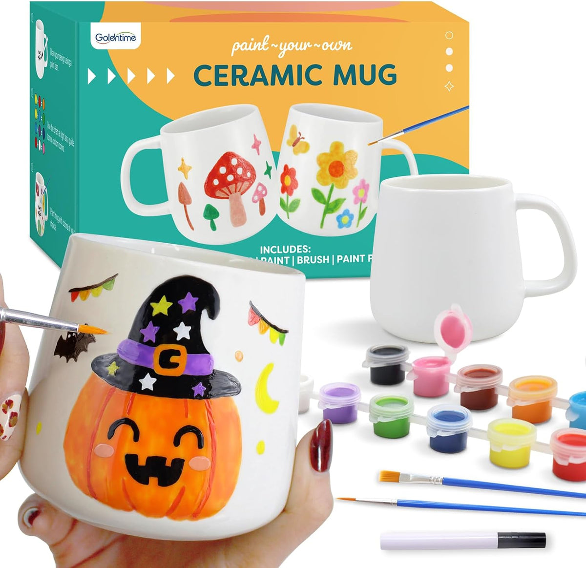 goldentime DIY Mug Painting Kit for Adults Kids with 2 Paintable Ceramic Mugs 12 Safe Paints, 2 Brushes & Ceramic Pen, Creative Crafts for Halloween, Christmas & Valentine's Day Gifts