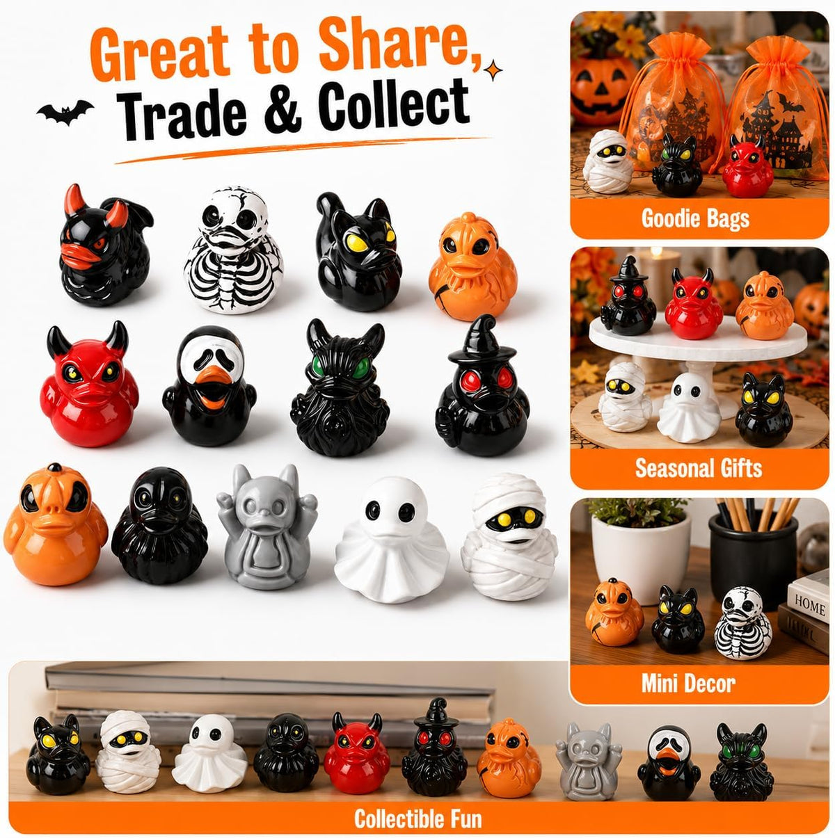 Halloween Mini Duck Figurines, 12 Assorted Resin Ducks Party Favors (3) | Assorted spooky duck miniatures for treat bags, classroom prizes, party tables, desk displays and DIY scenes