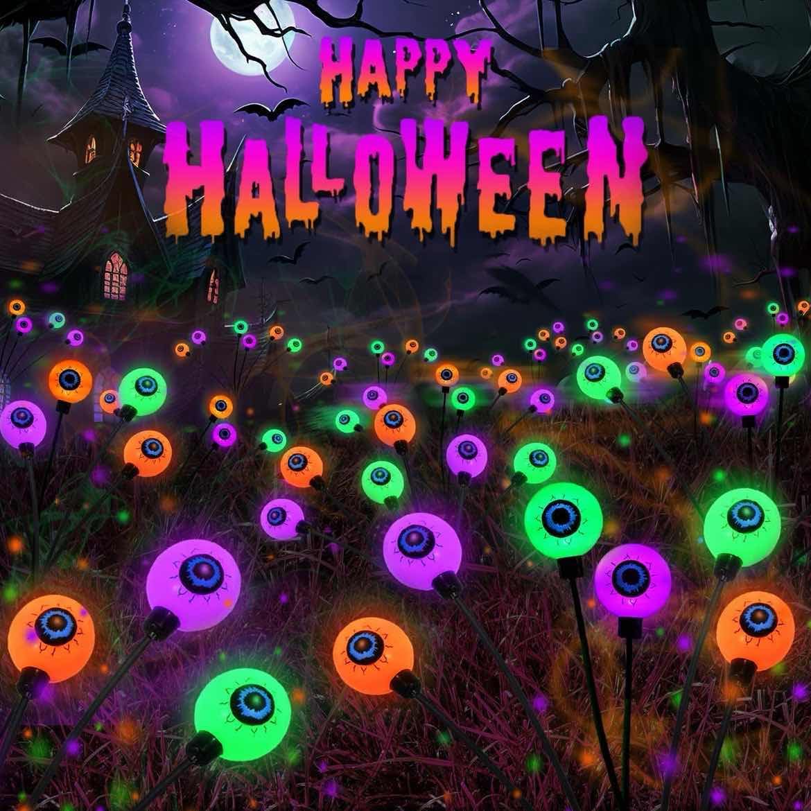 6 Pack Solar Halloween Decorations Outdoor 36 LED Solar Eyeball Lights | Orange and Purple Halloween Lights, Sway by Wind, IP65 Waterproof, 2 Modes, for Pathway Garden Yard Lawn Horror Party Decor