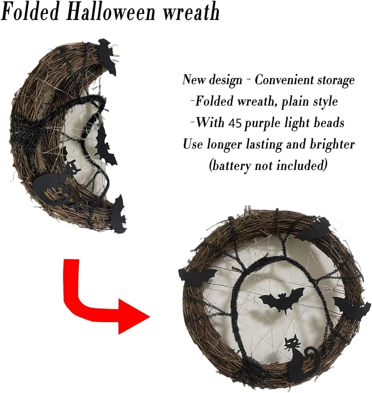 Halloween Wreaths for Front Door, 15 Inch Halloween Lighted Wreath with Bat and Cat Decor, 45 LED Purple Lights Battery Operated, Front Door Porch Wreath Decorations for Holiday Party (Purple)