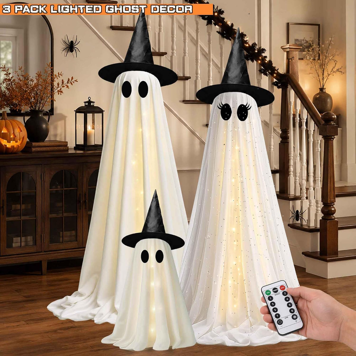 Halloween Decorations Outdoor, 3 Pack Light Up Spooky Ghosts with Remote Control LED Lights, DIY Faces and Witch Hats, Halloween Ghost Family Decor for Yard Porch Lawn Garden Front Door