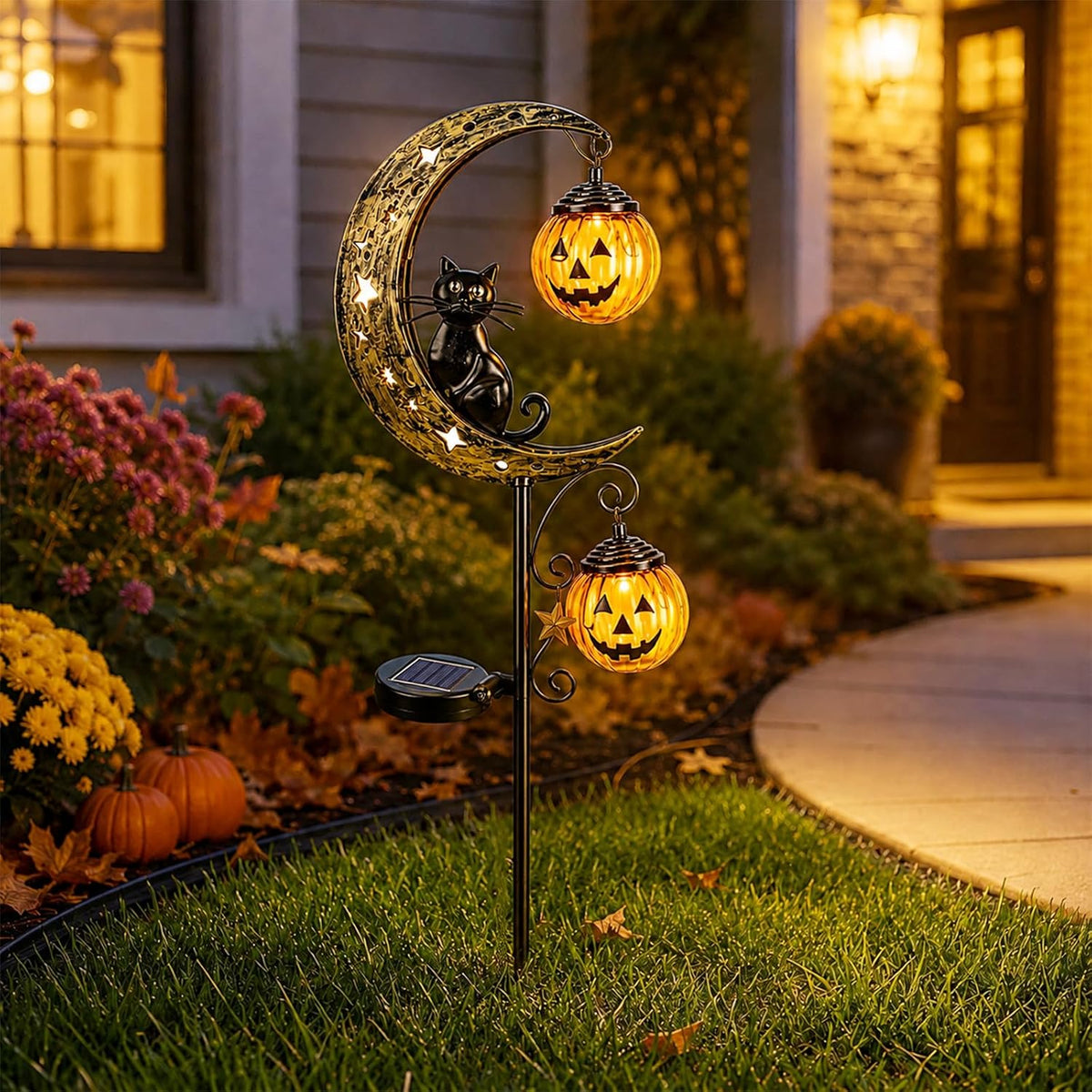 Solar Halloween Black Cat & Pumpkin Moon Garden Stake Light, Outdoor LED Yard Decoration with Pumpkins Lantern, Outdoor Lawn Stake Decor for Yard Pathway Patio