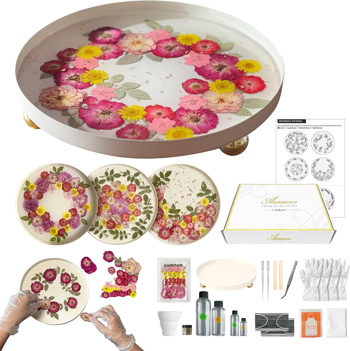 Auraeve All-in-One Resin Tray Craft Kit for Adults, Women, Crafter, Beige | 55Pcs Real Flowers, 10oz Pre-Measured Resin, 9.8 Metal Tray, 2 Person Protection, Hobby Activity, Gift, Beginner Friendly