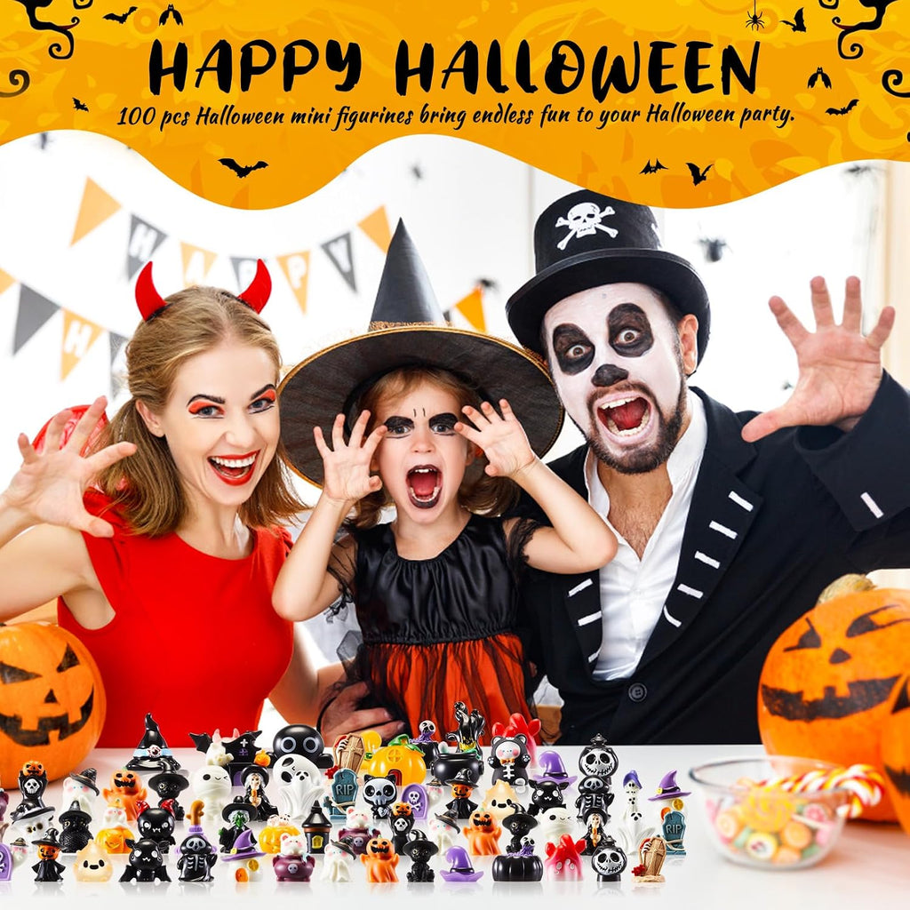 Leitee 100 Pcs Halloween Mini Resin Figurines | 50 Styles with Pumpkins, Ghosts, Skulls and Bats for Dollhouses, Gardens, Party Favors and Crafts