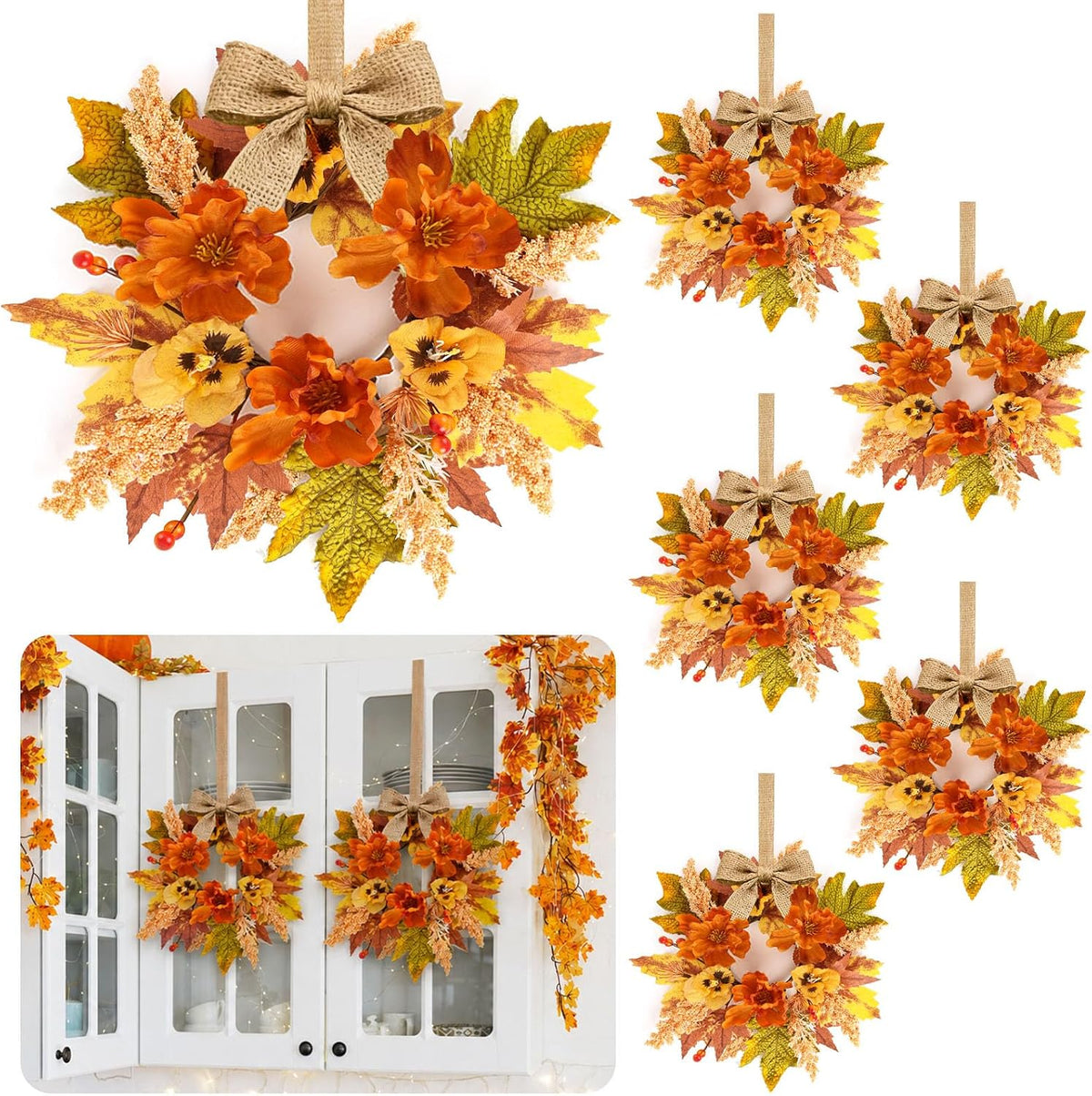 8 PCS Small Halloween Wreaths Mini Black Halloween Candle Rings | 6 Inch Halloween Cabinet Bows Wreaths, Hanging Wreath for Front Door Window Decoration Kitchen Cabinet Fireplace Home Decor