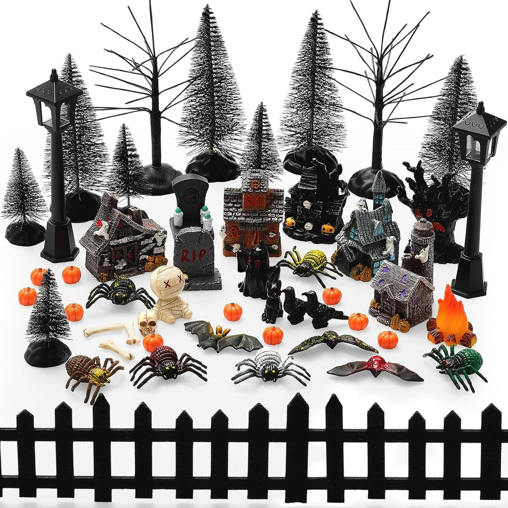 Seenelling 50 Pcs Halloween Village Miniature Haunted House Accessory Set | Tombstone Skulls Spiders Bats Figurines, Bare Branch Trees Pumpkin Fence Streetlamp, Table Landscape Display Party Scene