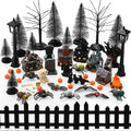Seenelling 50 Pcs Halloween Village Miniature Haunted House Accessory Set | Tombstone Skulls Spiders Bats Figurines, Bare Branch Trees Pumpkin Fence Streetlamp, Table Landscape Display Party Scene