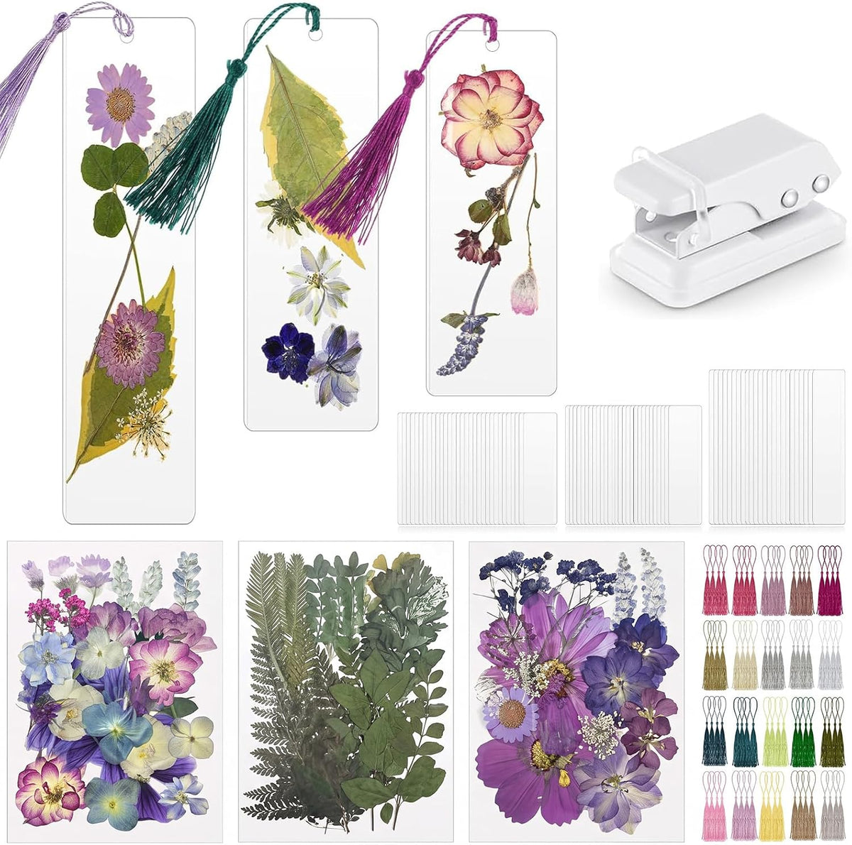 Fuyoooo 376 Pcs Pressed Flower Bookmark Kit, Boho Color, 2 x 6 Inch | Dried Flowers, Laminating Pouches Tassels Puncher, Craft Kit for Women Adults, Handmade DIY Bookmark Gifts for Book Lovers