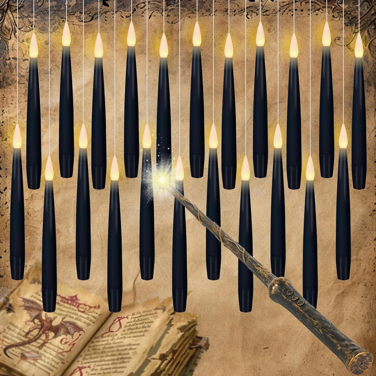 GenSwin Flameless Floating Candles Wand Halloween Decorations White 22pcs | 6H Timer, Battery Operated Hanging Window Candles, 24 Sticky Hook & Glue Dots, 0.45 x 6.1 In, 4.9 Ft Fishing Line