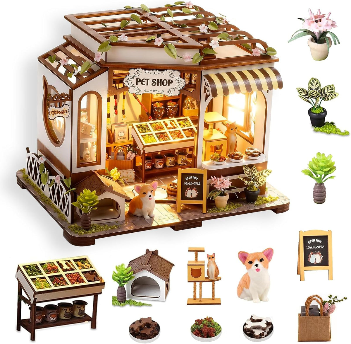 DIY Miniature House Kit- Miniature House Kit Adults Pet Shop | Tiny House Kit Tiny Home Kit Birthday Gifts 3D Wooden Puzzle Home Decoration, Book Nook Kit for Adults Dollhouse Booknook