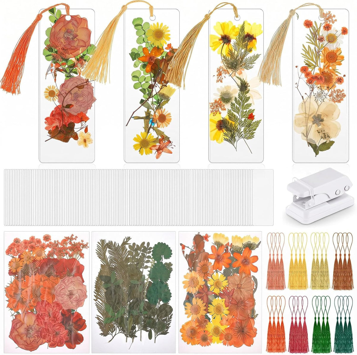 Fuyoooo 376 Pcs Pressed Flower Bookmark Kit, Boho Color, 2 x 6 Inch | Dried Flowers, Laminating Pouches Tassels Puncher, Craft Kit for Women Adults, Handmade DIY Bookmark Gifts for Book Lovers