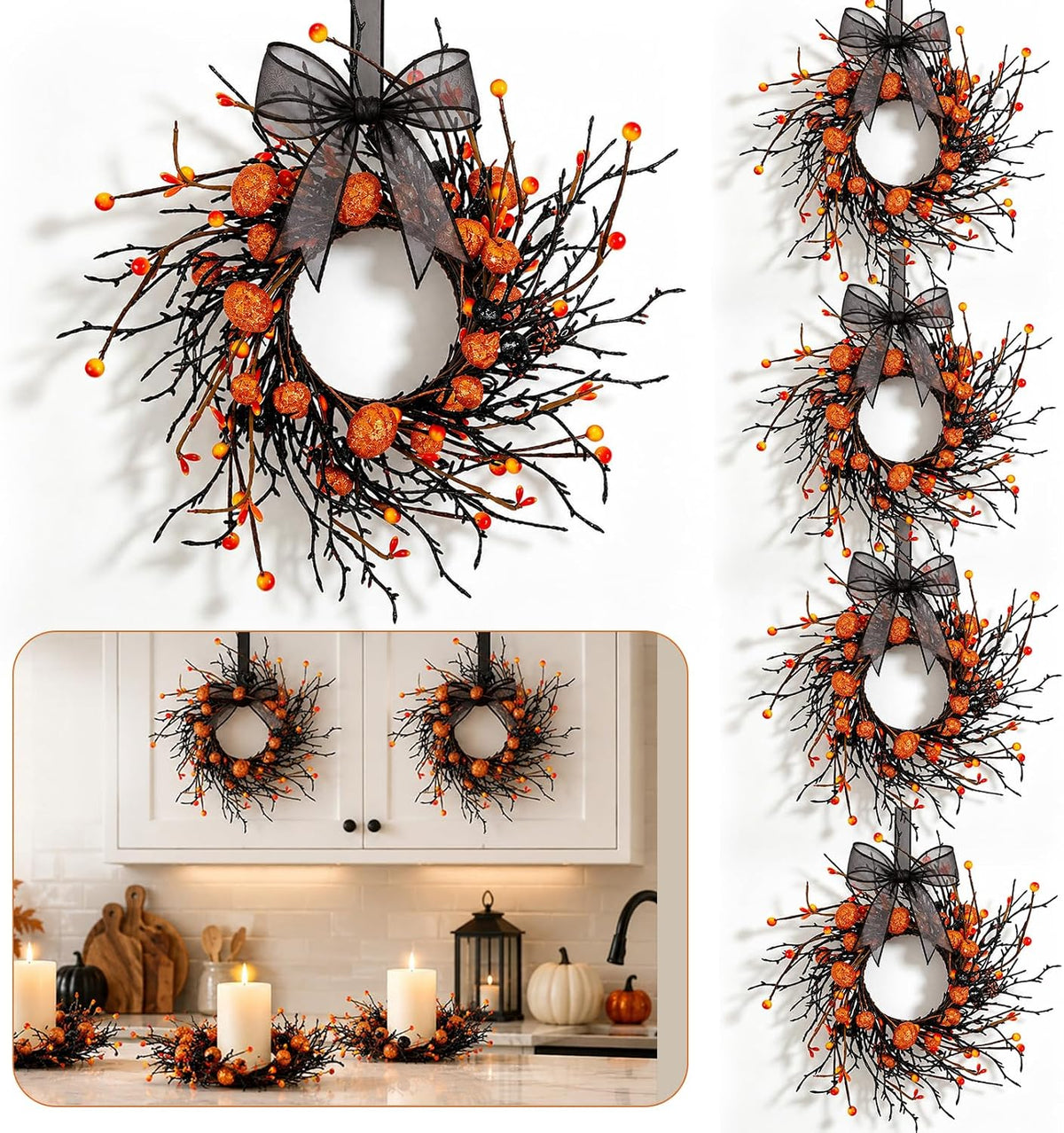 8 PCS Small Halloween Wreaths Mini Black Halloween Candle Rings | 6 Inch Halloween Cabinet Bows Wreaths, Hanging Wreath for Front Door Window Decoration Kitchen Cabinet Fireplace Home Decor