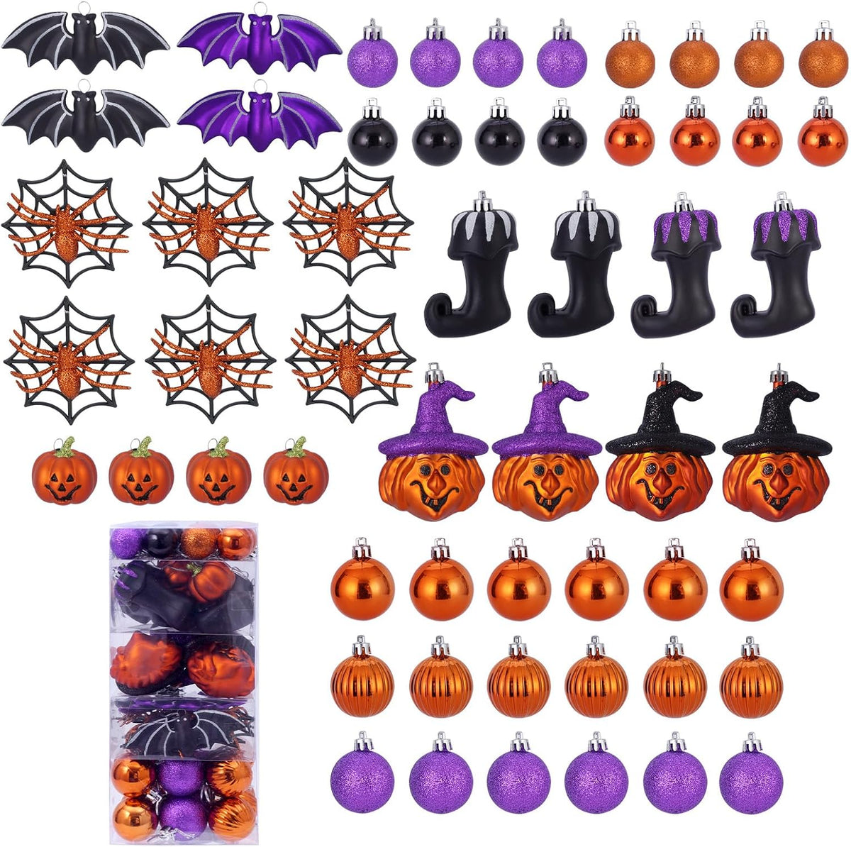Tngan 50 Pcs Halloween Ornaments for Tree Decorations, Shatterproof | Plastic Balls with Pumpkin,Ghost, Spider Designs, Built-In Loops, for Party, Mantel, Tree, Doorway and Home