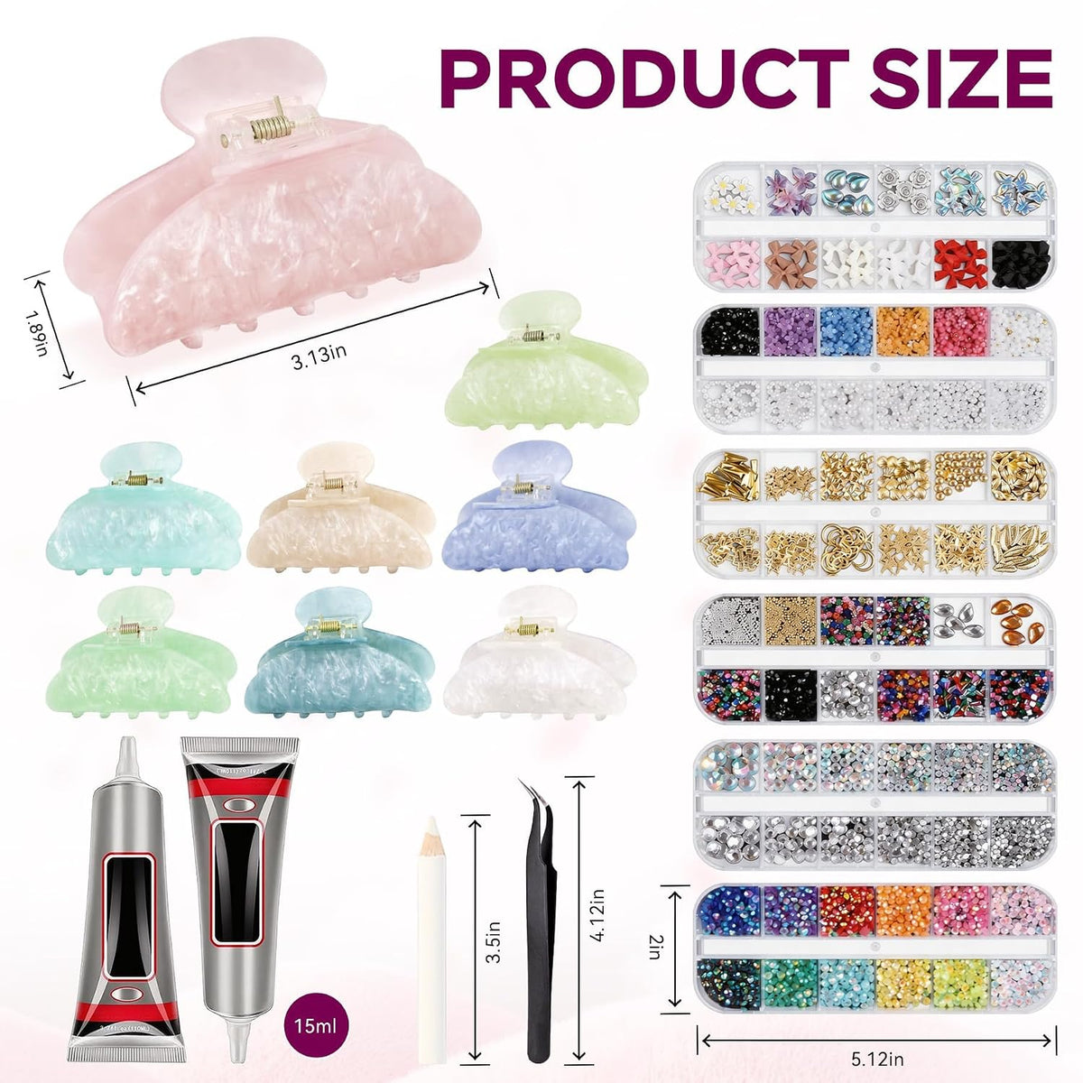 8 Sets DIY Hair Claw Clips Kit, Claw Clip Decorating Kit for Craft Night | Claw Clip Bedazzling Kit, 6 Boxes Accessories with Storage Box, Custom Hair Clip Making Kit for Women Adults DIY Craft Night