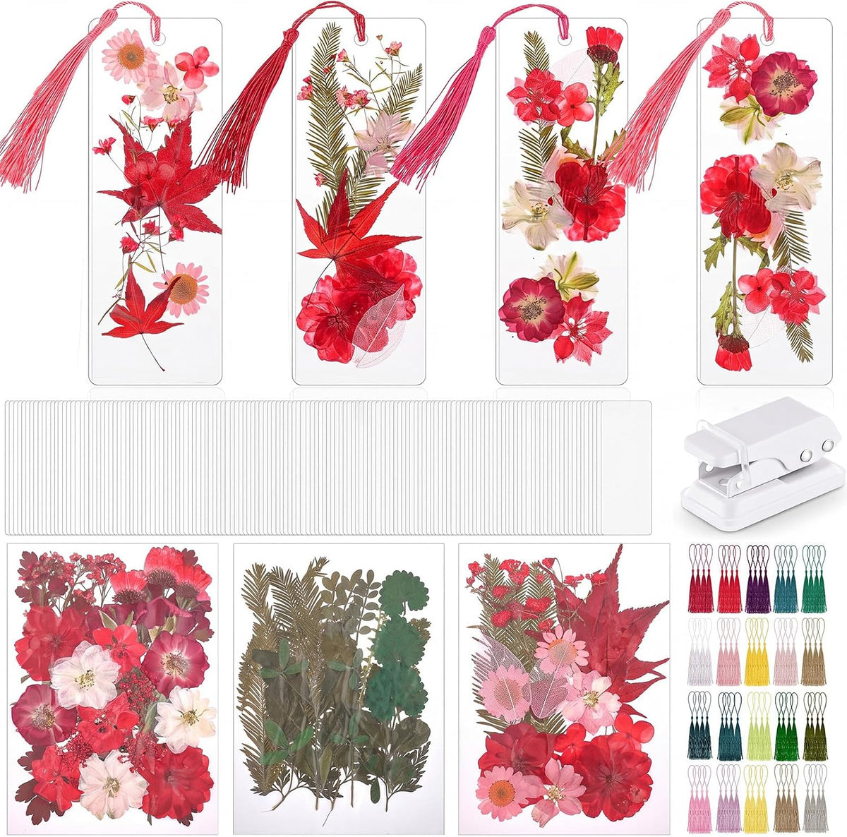 Fuyoooo 376 Pcs Pressed Flower Bookmark Kit, Boho Color, 2 x 6 Inch | Dried Flowers, Laminating Pouches Tassels Puncher, Craft Kit for Women Adults, Handmade DIY Bookmark Gifts for Book Lovers