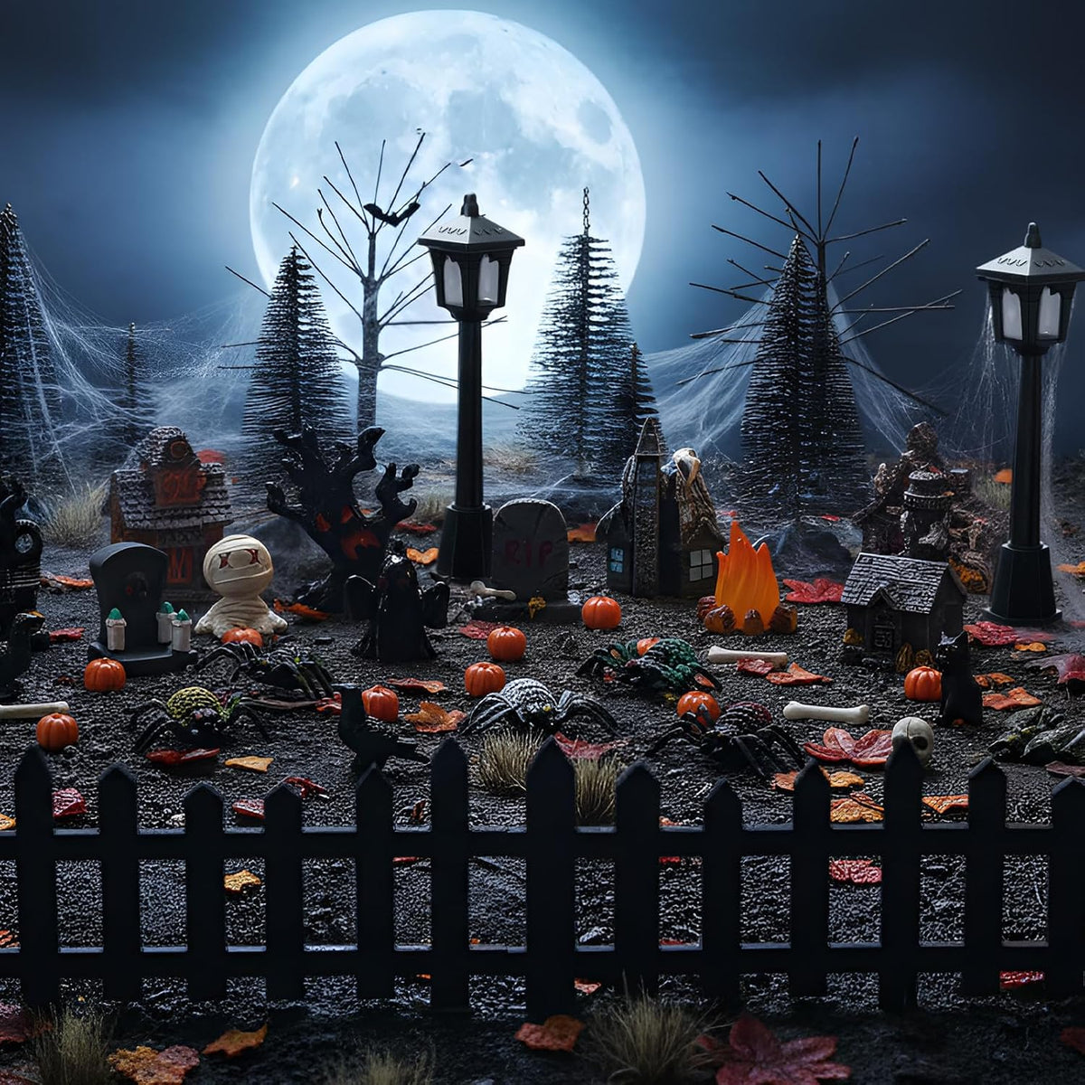 Seenelling 50 Pcs Halloween Village Miniature Haunted House Accessory Set | Tombstone Skulls Spiders Bats Figurines, Bare Branch Trees Pumpkin Fence Streetlamp, Table Landscape Display Party Scene