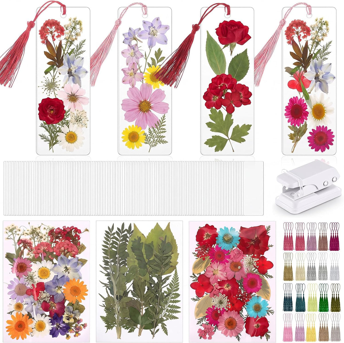 Fuyoooo 376 Pcs Pressed Flower Bookmark Kit, Boho Color, 2 x 6 Inch | Dried Flowers, Laminating Pouches Tassels Puncher, Craft Kit for Women Adults, Handmade DIY Bookmark Gifts for Book Lovers