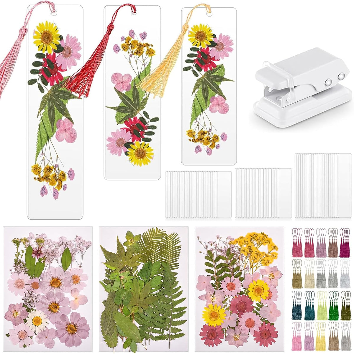 Fuyoooo 376 Pcs Pressed Flower Bookmark Kit, Boho Color, 2 x 6 Inch | Dried Flowers, Laminating Pouches Tassels Puncher, Craft Kit for Women Adults, Handmade DIY Bookmark Gifts for Book Lovers