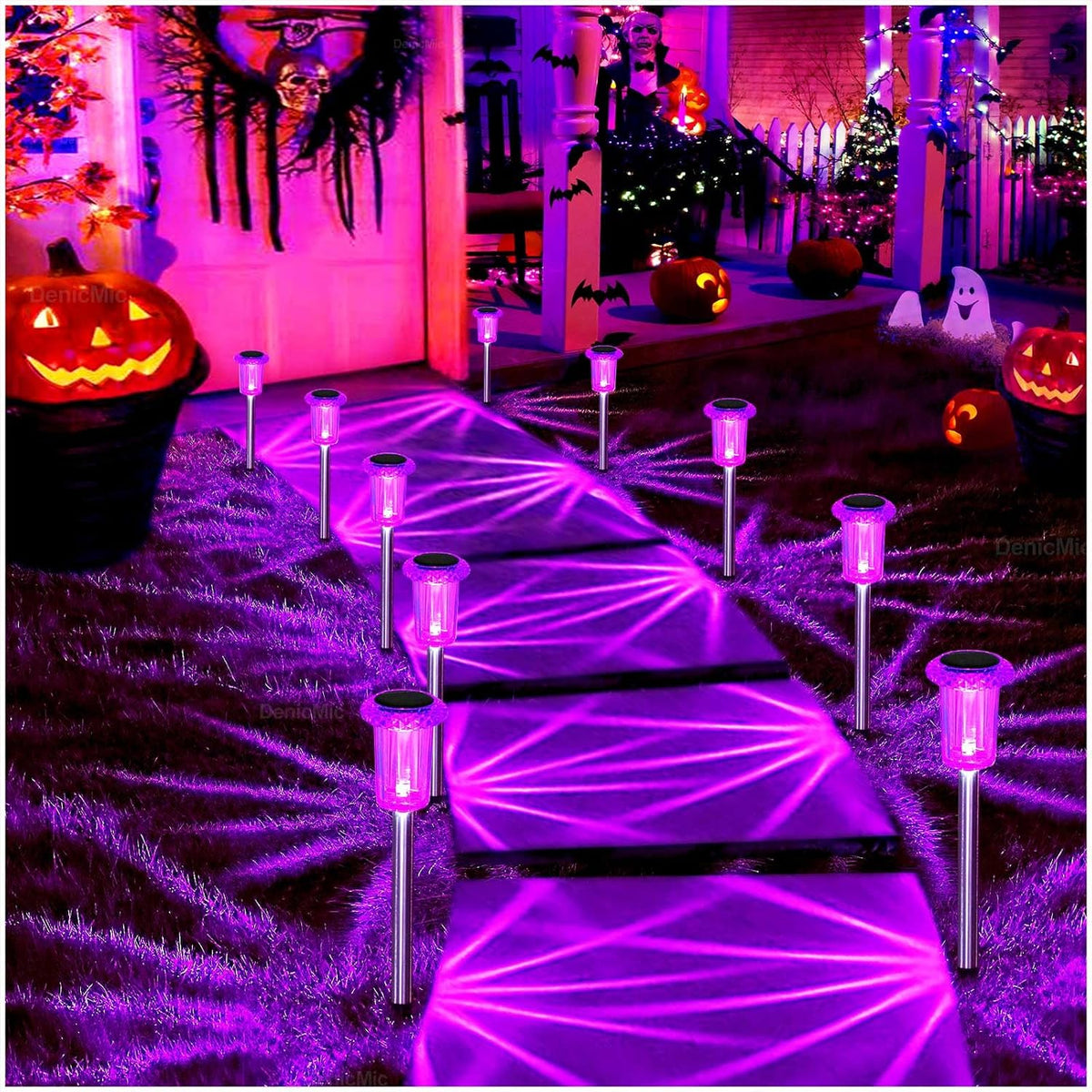 DenicMic Solar Halloween Lights Outdoor Waterproof 10 Pack Halloween Decor | Stake Lights for Yard Pathway Garden Patio Lawn Walkway Driveway, Auto On/Off Purple LED Halloween Decorations Outdoor