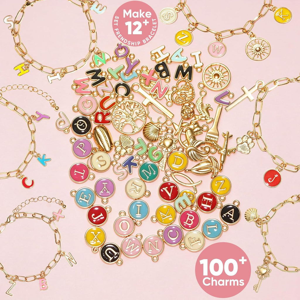Friendship Bracelet Making Kit, DIY Jewelry Making Kit for Craft Night Beginners, Personalized Charms Birthday Gift with 12 Set Anti-Tarnish Chains & 78 Pcs Letters Charms