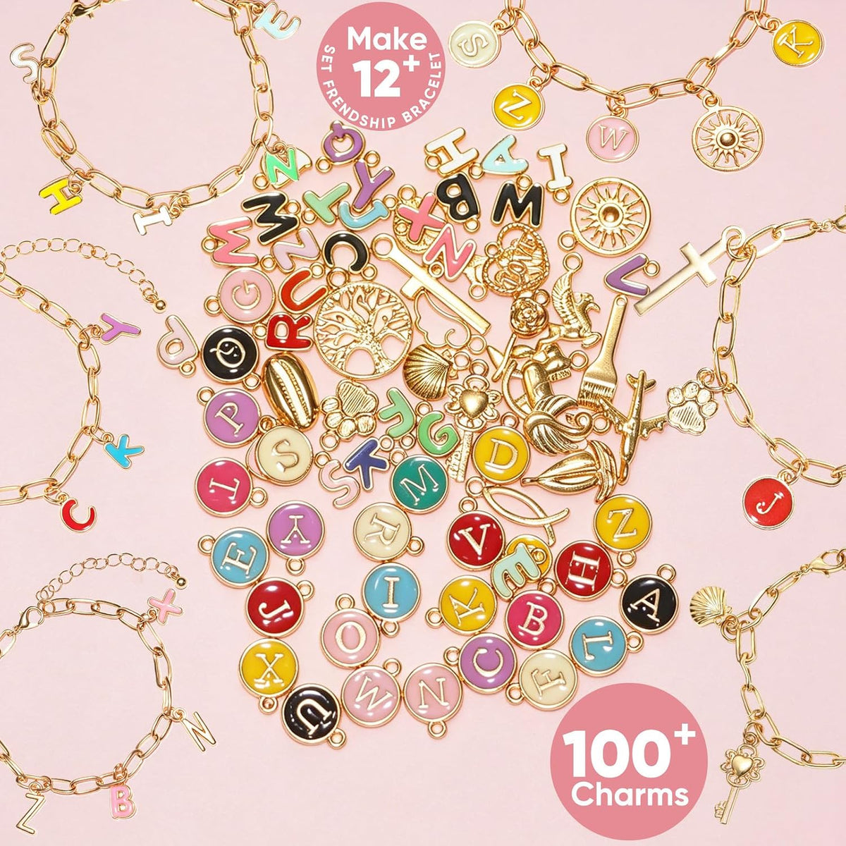 Friendship Bracelet Making Kit, DIY Jewelry Making Kit for Craft Night Beginners, Personalized Charms Birthday Gift with 12 Set Anti-Tarnish Chains & 78 Pcs Letters Charms
