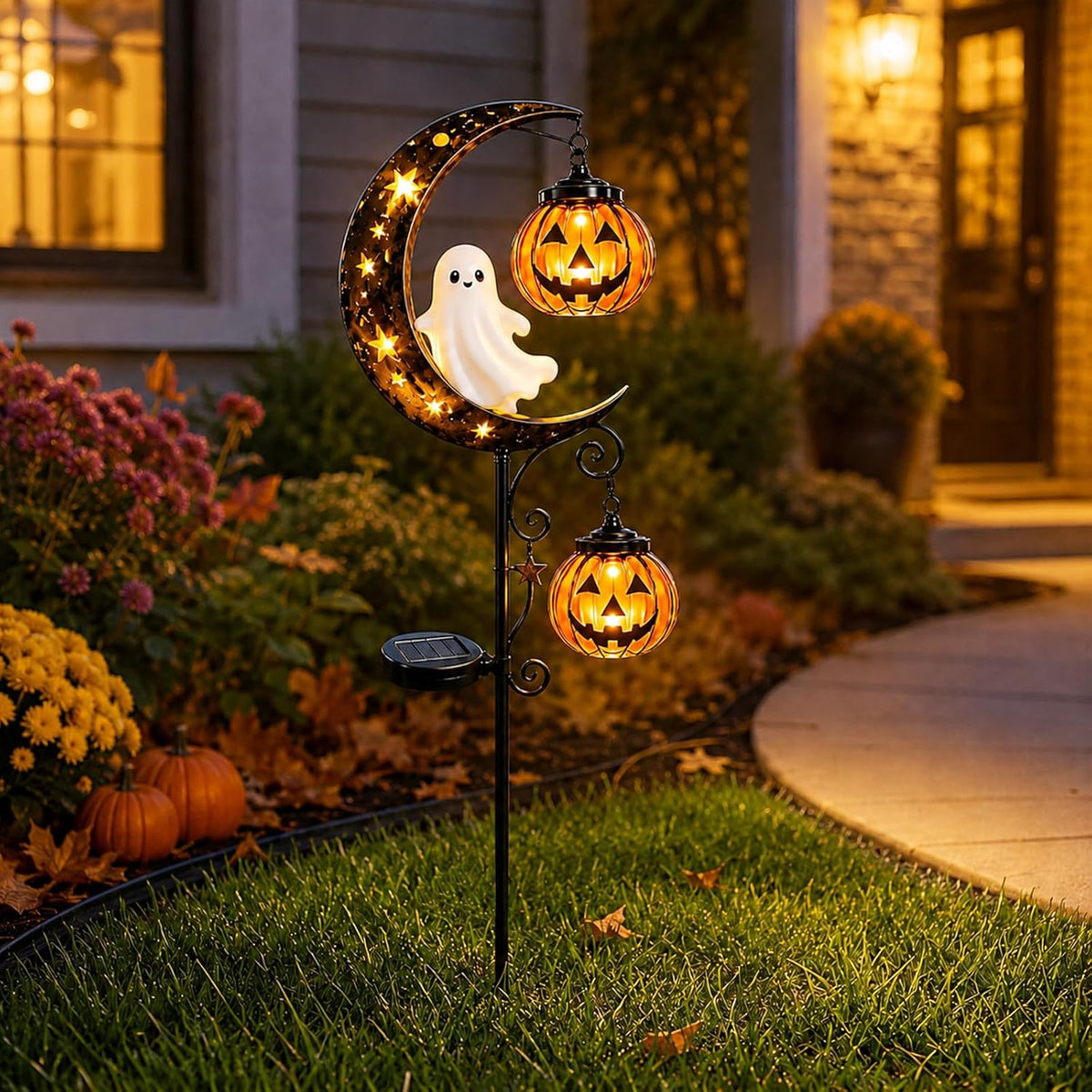 Solar Halloween Black Cat & Pumpkin Moon Garden Stake Light, Outdoor LED Yard Decoration with Pumpkins Lantern, Outdoor Lawn Stake Decor for Yard Pathway Patio