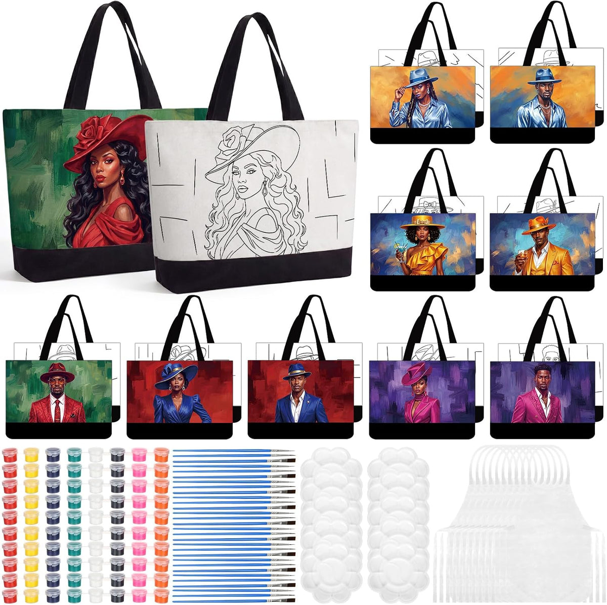 Paint and Sip Canvas Bags Pre Drawn Kit,Afro Queen | Includes Brushes Paints Apron Palette, Ready-to-paint Tote Bags for Adults Women, Complete DIY Art Party Supplies