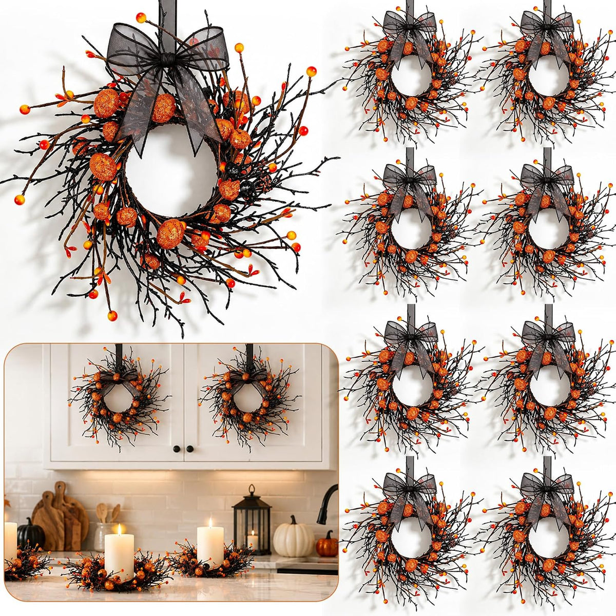 8 PCS Small Halloween Wreaths Mini Black Halloween Candle Rings | 6 Inch Halloween Cabinet Bows Wreaths, Hanging Wreath for Front Door Window Decoration Kitchen Cabinet Fireplace Home Decor
