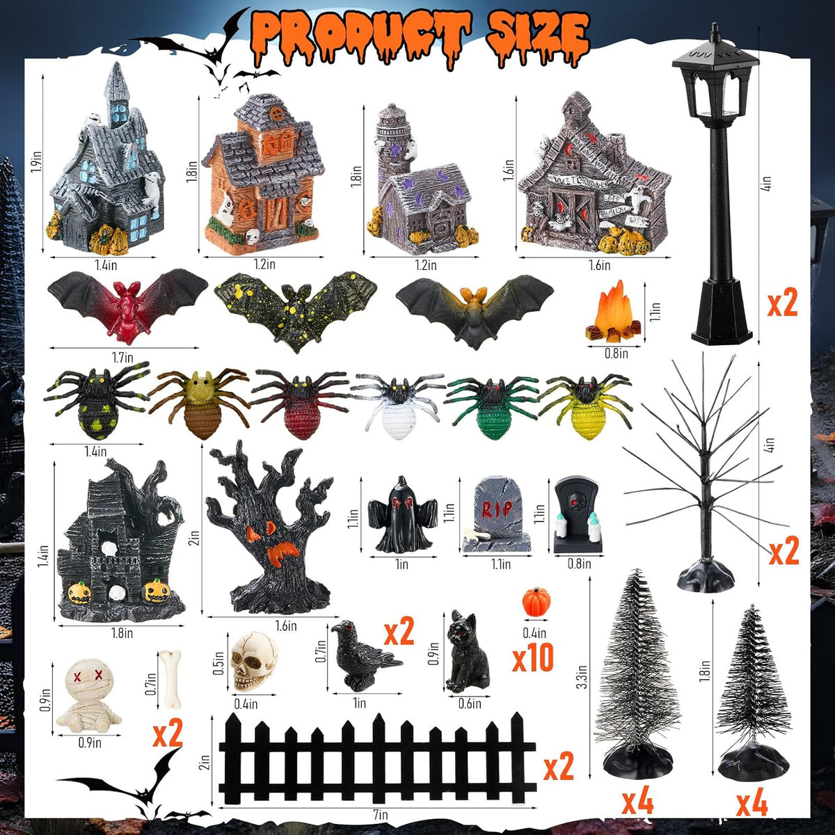 Seenelling 50 Pcs Halloween Village Miniature Haunted House Accessory Set | Tombstone Skulls Spiders Bats Figurines, Bare Branch Trees Pumpkin Fence Streetlamp, Table Landscape Display Party Scene