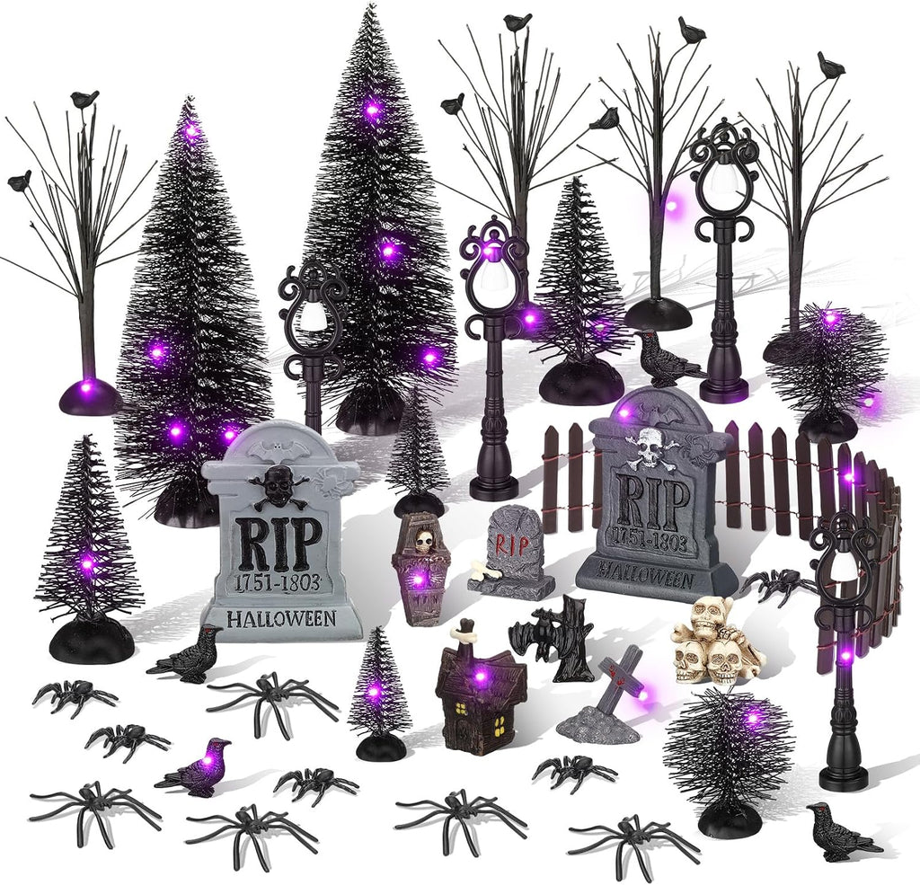 Zeyune 40 Pcs Halloween Village Accessories Set Mini Halloween Figurines | Trees with Lights, Tombstones, Bare Branches, Spiders, Crows, Resin Pieces for Village Scenes, Tabletop Horror Town Decor Set