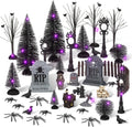 Zeyune 40 Pcs Halloween Village Accessories Set Mini Halloween Figurines | Trees with Lights, Tombstones, Bare Branches, Spiders, Crows, Resin Pieces for Village Scenes, Tabletop Horror Town Decor Set