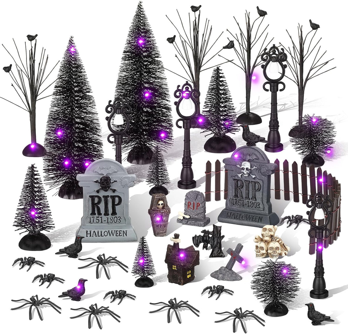 Zeyune 40 Pcs Halloween Village Accessories Set Mini Halloween Figurines | Trees with Lights, Tombstones, Bare Branches, Spiders, Crows, Resin Pieces for Village Scenes, Tabletop Horror Town Decor Set