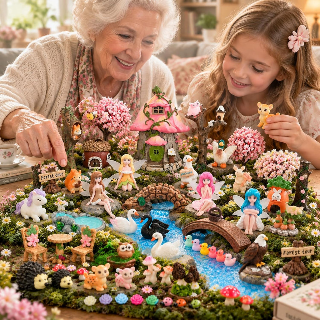 Xihaian 104 Pcs Fairy Garden Accessories Miniature House Figurines Kit | Complete Miniature Garden Ornaments, House Animal Plant Statues, Sturdy Resin, DIY Terrarium Potted Dollhouse Landscape Decor