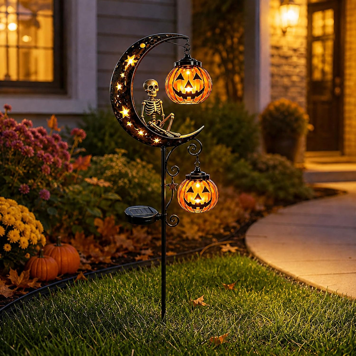Solar Halloween Black Cat & Pumpkin Moon Garden Stake Light, Outdoor LED Yard Decoration with Pumpkins Lantern, Outdoor Lawn Stake Decor for Yard Pathway Patio